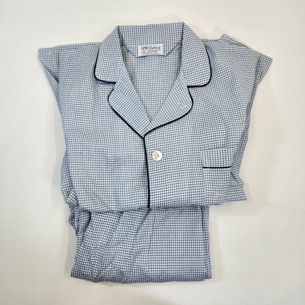 Diplomat Pajama Set Mens M Blue Cotton Poly Blend Vintage Checked Top Pants